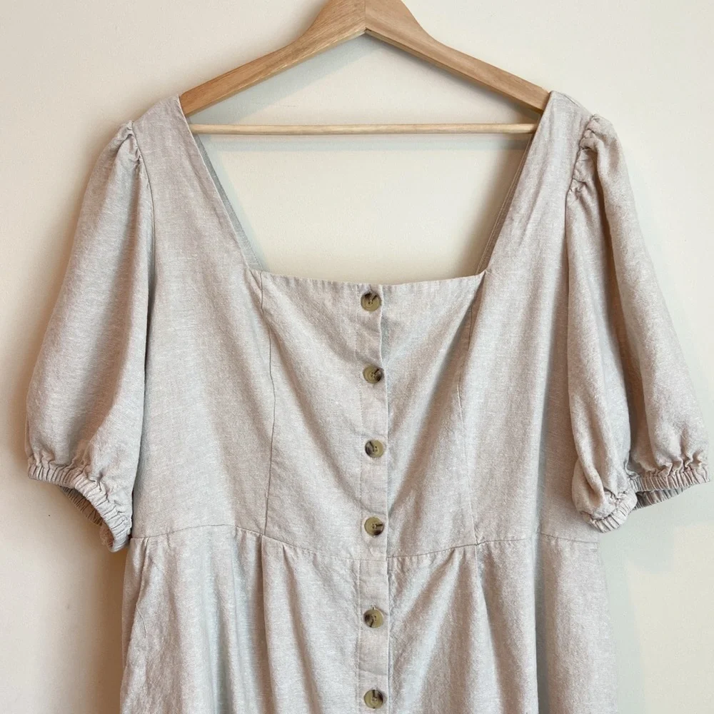 Old Navy Beige Linen Button-Front Puff Sleeve Dress - Picture 2 of 7